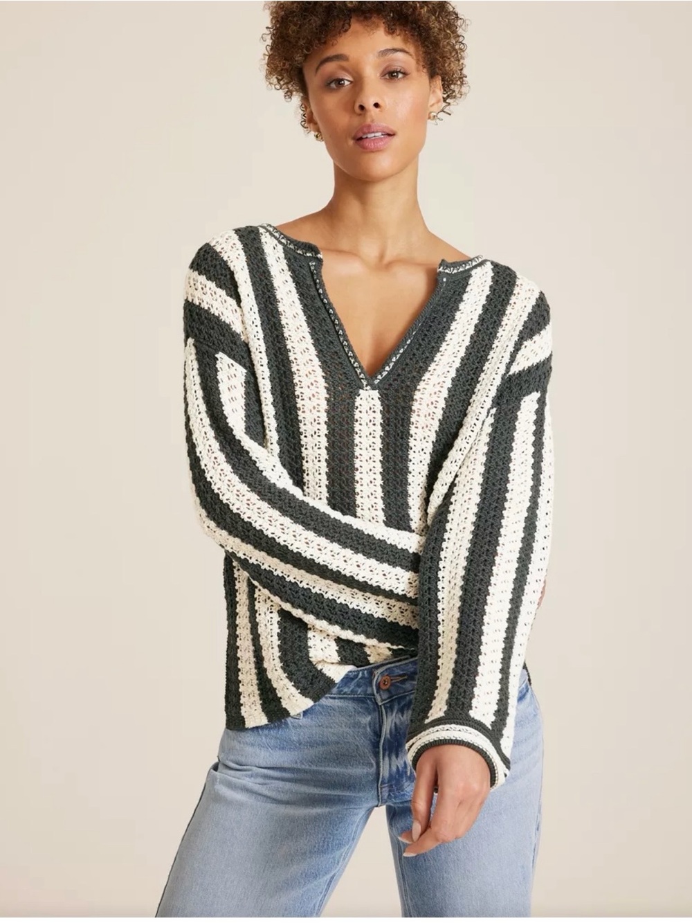 Maurices Boho Cottagecore Striped Crochet V-Neck Sweater in Olive Green & Cream